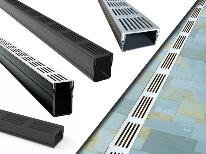 Design-Entwässerungsrinnen Sets. Erhältlich in grau und schwarz. Auch in 4 verschiedenen Modellen (von extra niedrig bis hoch oder breit).