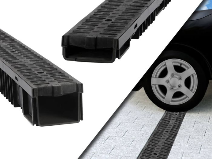 Diese Entwässerungsrinne mit schwarzem Kunststoffrost (Klasse B125) besteht aus hochwertigem Polypropylen (PP) und ist somit für Autos (maximal 2000 kg; bei niedriger Geschwindigkeit) geeignet.