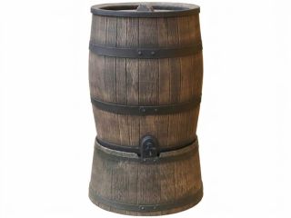Braune kunststoff Regentonne Roto 120 Liter (Holz-optik) auf Fuβ.